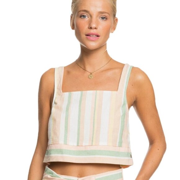 ROXY women's XS cotton linen blend Summer Way crop stripe tank EUC - Picture 1 of 8